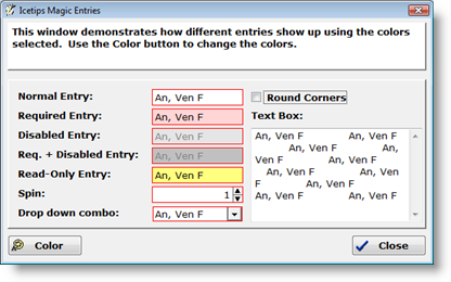 Demo window with differt color indicating various control properties and square corners